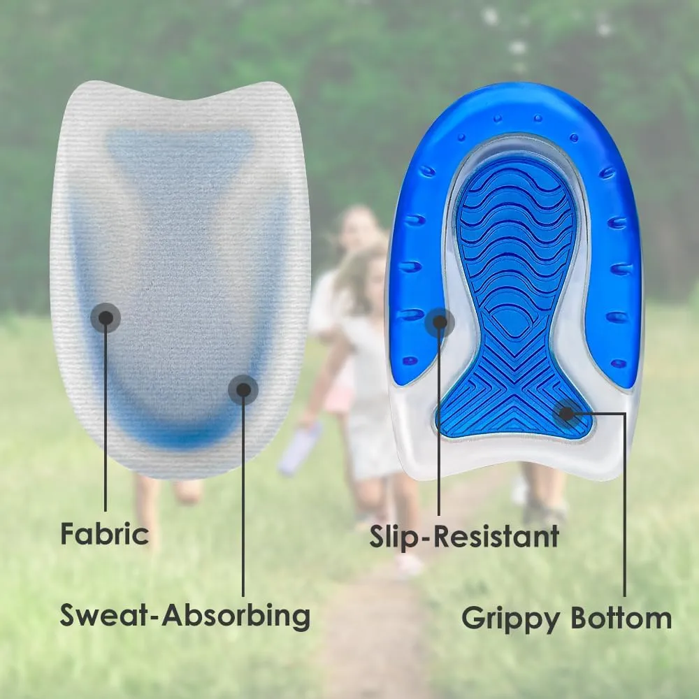 Kid’s Heel Cups - Soft Silicone Heel Inserts for Pain Relief and Comfort, Fits Shoes Size 3-7, Ideal for Plantar Fasciitis and Growing Feet (Blue, 2 Pairs Kid's Size 3-7 / Women 4-8)