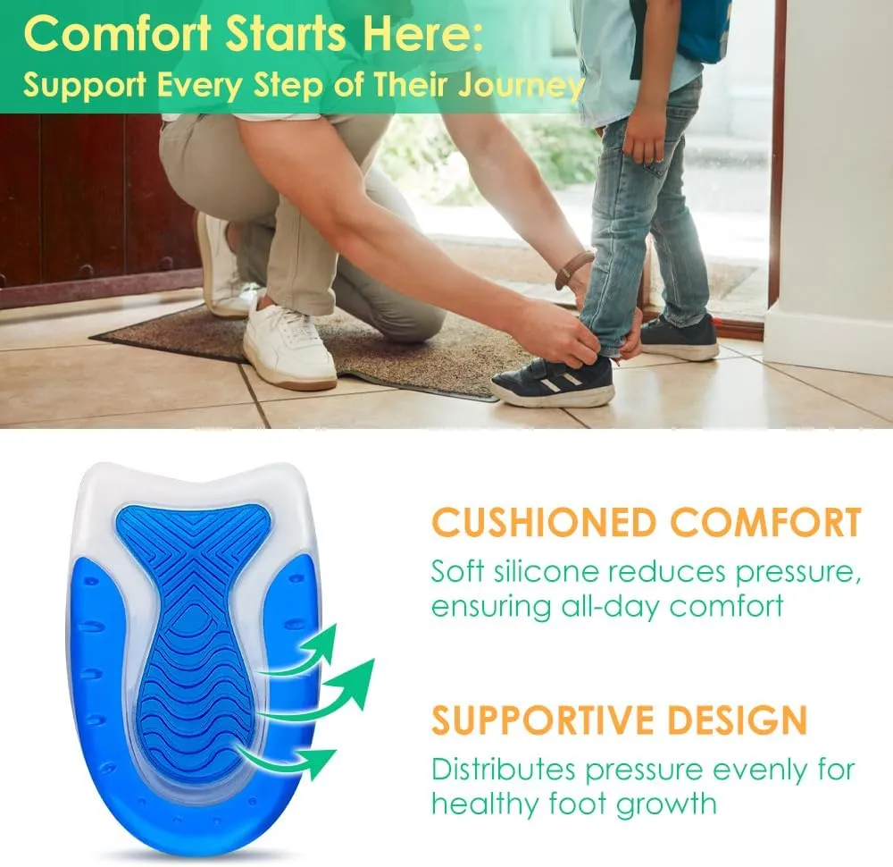 Kid’s Heel Cups - Soft Silicone Heel Inserts for Pain Relief and Comfort, Fits Shoes Size 3-7, Ideal for Plantar Fasciitis and Growing Feet (Blue, 2 Pairs Kid's Size 3-7 / Women 4-8)