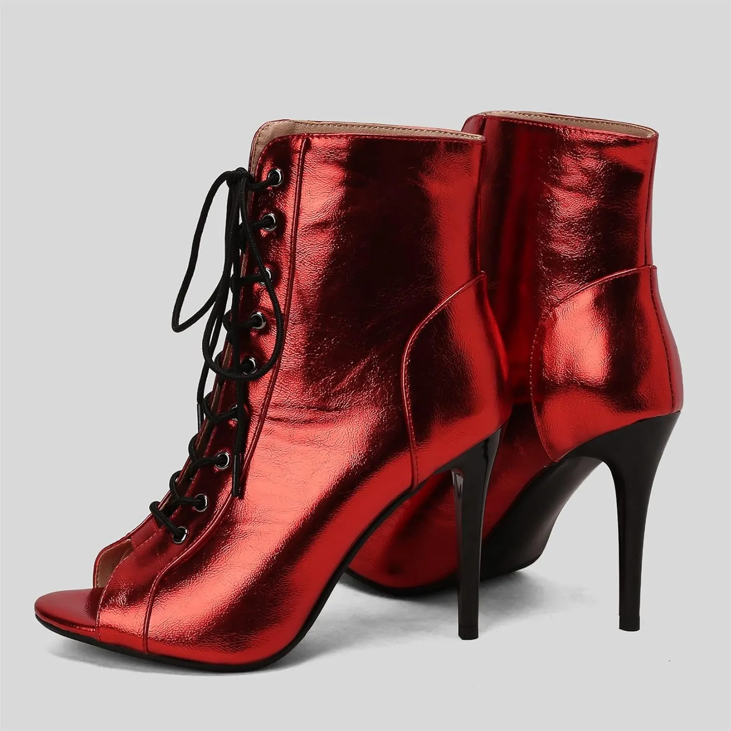 KIKIVIVI Women's Lace Up Peep Toe Booties Sparkly Metallic Open Toe Booties Boots Sandals High Heel Summer Boots for Women