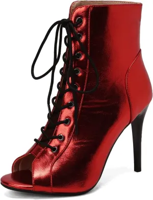 KIKIVIVI Women's Lace Up Peep Toe Booties Sparkly Metallic Open Toe Booties Boots Sandals High Heel Summer Boots for Women