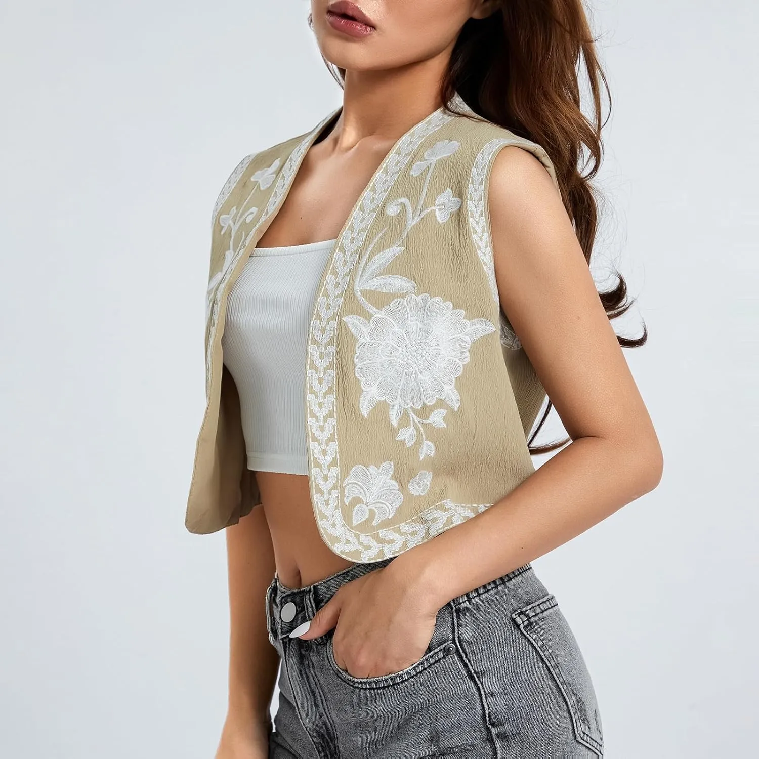 Kimydreama Women Vintage Floral Embroidered Vest Tops Y2k Sleeveless Linen Open Front Cardigan Boho Blouses Waistcoat