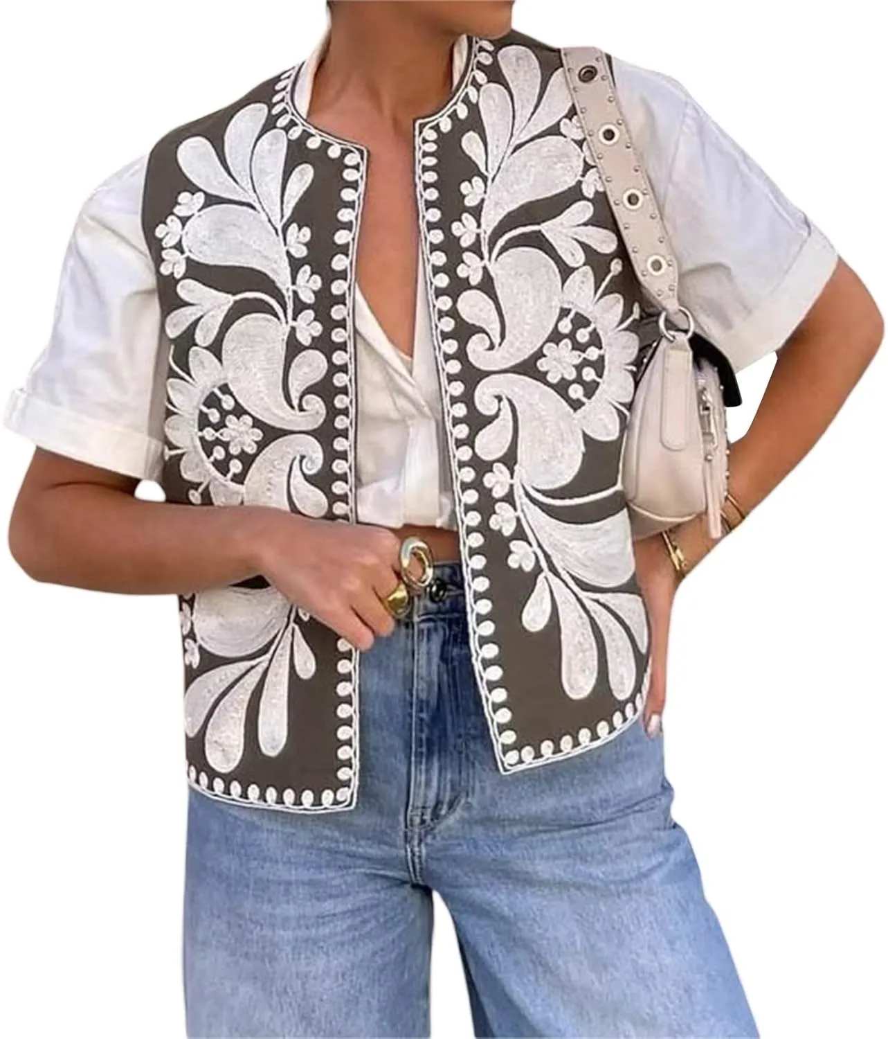 Kimydreama Women Vintage Floral Embroidered Vest Tops Y2k Sleeveless Linen Open Front Cardigan Boho Blouses Waistcoat
