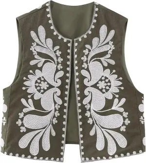 Kimydreama Women Vintage Floral Embroidered Vest Tops Y2k Sleeveless Linen Open Front Cardigan Boho Blouses Waistcoat