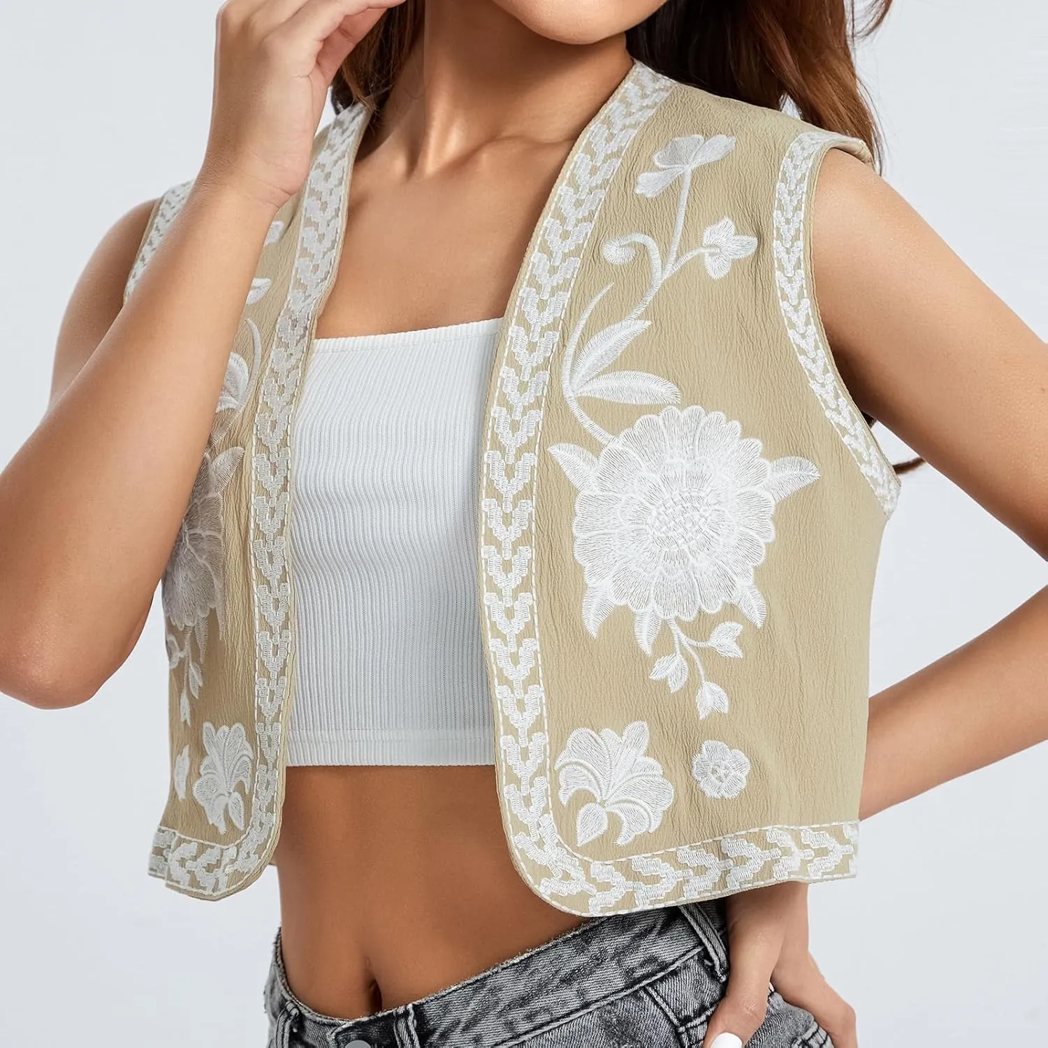 Kimydreama Women Vintage Floral Embroidered Vest Tops Y2k Sleeveless Linen Open Front Cardigan Boho Blouses Waistcoat