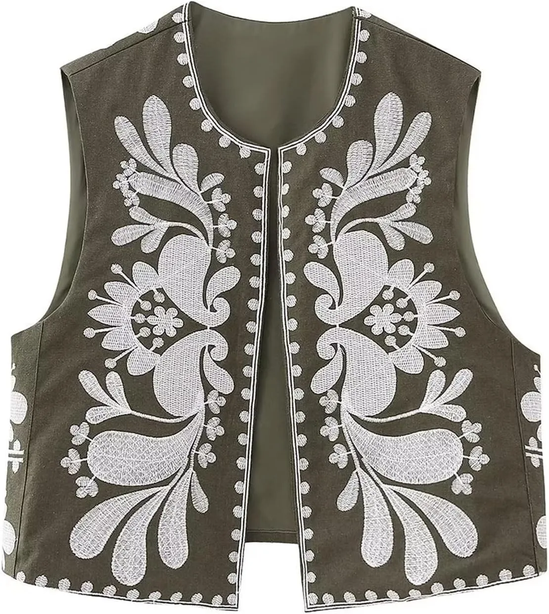 Kimydreama Women Vintage Floral Embroidered Vest Tops Y2k Sleeveless Linen Open Front Cardigan Boho Blouses Waistcoat
