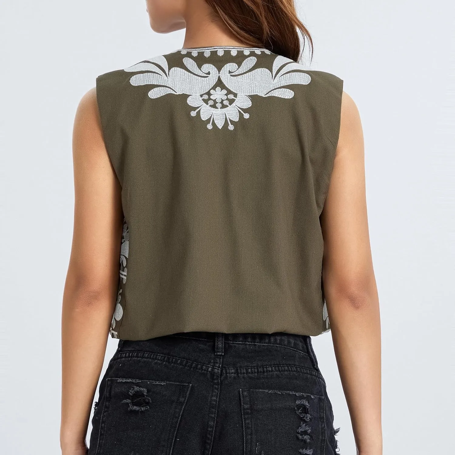 Kimydreama Women Vintage Floral Embroidered Vest Tops Y2k Sleeveless Linen Open Front Cardigan Boho Blouses Waistcoat