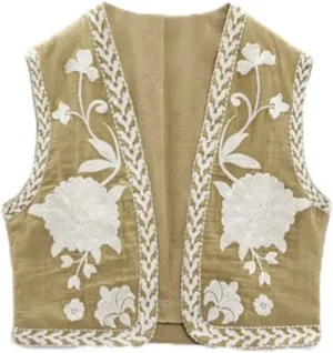 Kimydreama Women Vintage Floral Embroidered Vest Tops Y2k Sleeveless Linen Open Front Cardigan Boho Blouses Waistcoat