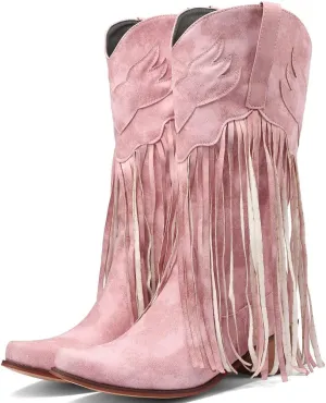 KISSASA Fringe Denim Cowgirl Boots Pointed Toe Mid Claf Cowboy Boots Chunky Stacked Heel Western Boots