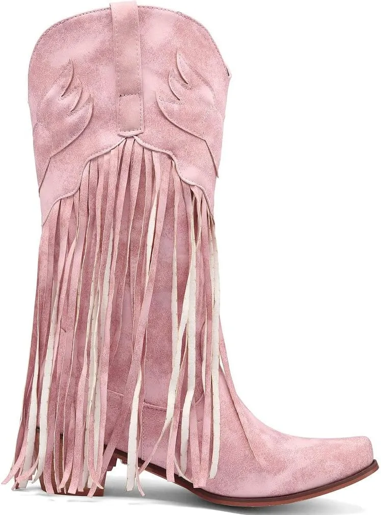 KISSASA Fringe Denim Cowgirl Boots Pointed Toe Mid Claf Cowboy Boots Chunky Stacked Heel Western Boots