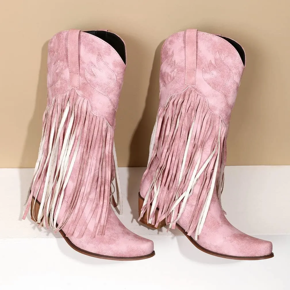 KISSASA Fringe Denim Cowgirl Boots Pointed Toe Mid Claf Cowboy Boots Chunky Stacked Heel Western Boots