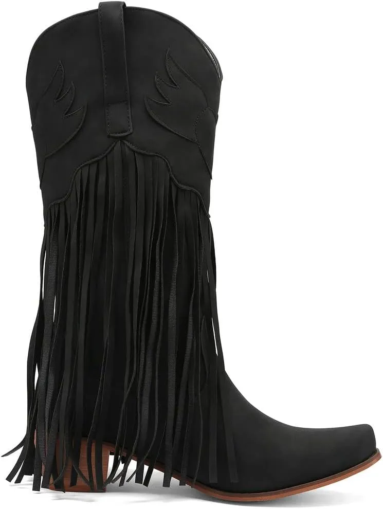 KISSASA Fringe Denim Cowgirl Boots Pointed Toe Mid Claf Cowboy Boots Chunky Stacked Heel Western Boots