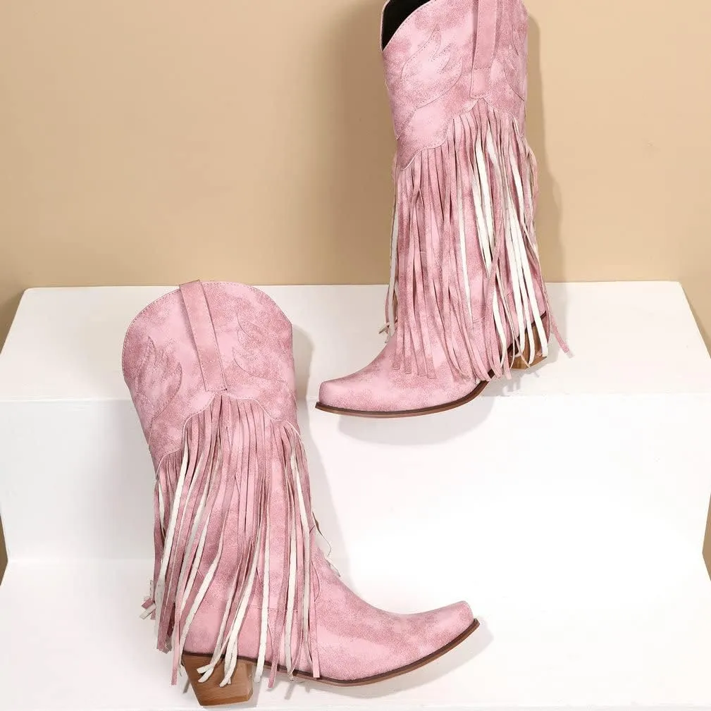 KISSASA Fringe Denim Cowgirl Boots Pointed Toe Mid Claf Cowboy Boots Chunky Stacked Heel Western Boots