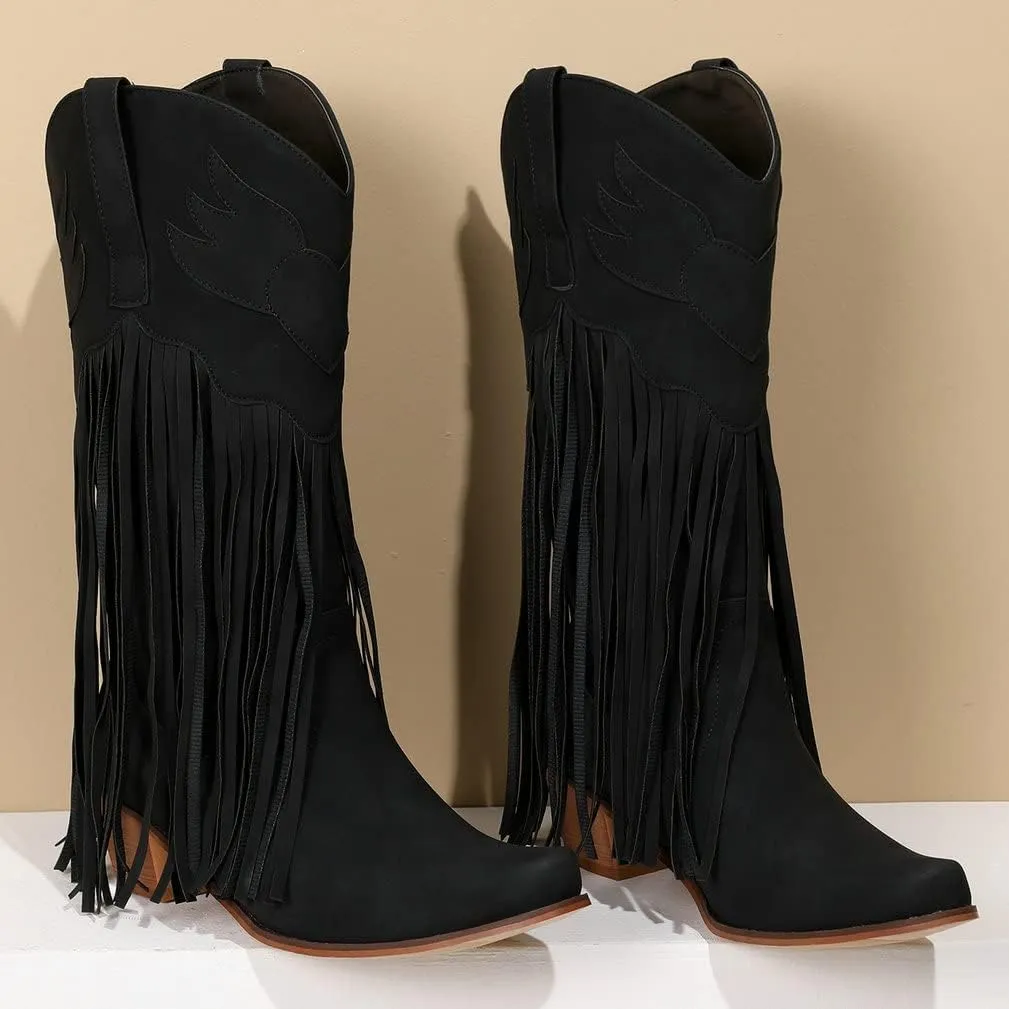 KISSASA Fringe Denim Cowgirl Boots Pointed Toe Mid Claf Cowboy Boots Chunky Stacked Heel Western Boots