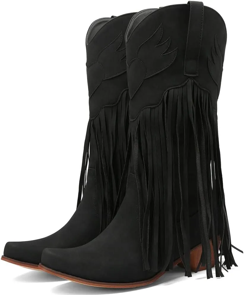 KISSASA Fringe Denim Cowgirl Boots Pointed Toe Mid Claf Cowboy Boots Chunky Stacked Heel Western Boots