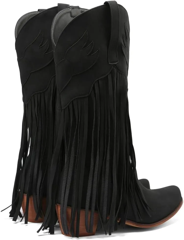 KISSASA Fringe Denim Cowgirl Boots Pointed Toe Mid Claf Cowboy Boots Chunky Stacked Heel Western Boots