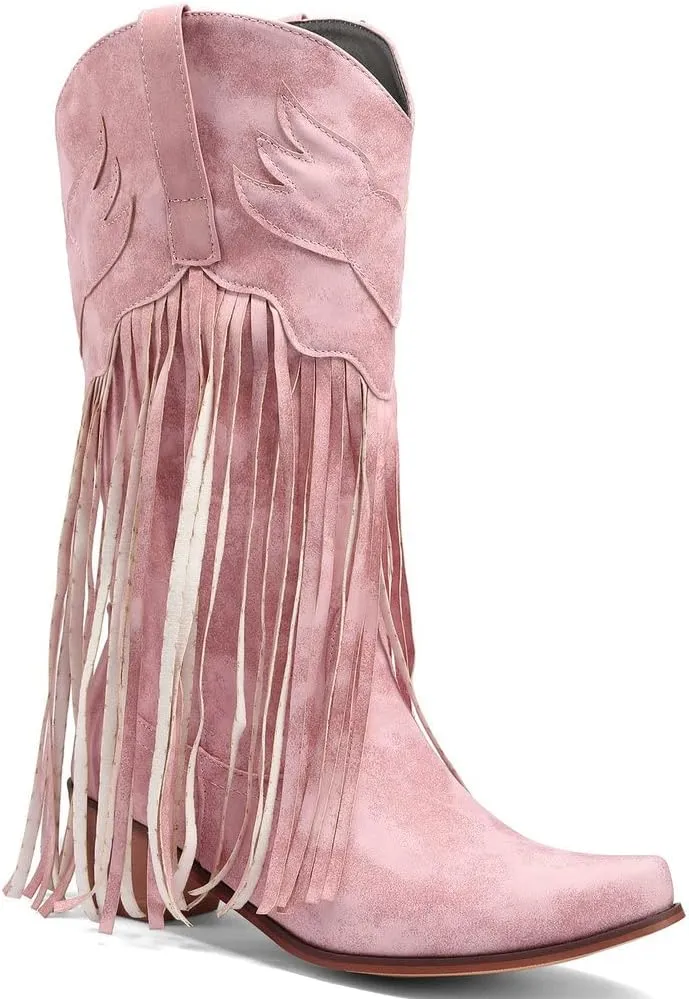 KISSASA Fringe Denim Cowgirl Boots Pointed Toe Mid Claf Cowboy Boots Chunky Stacked Heel Western Boots