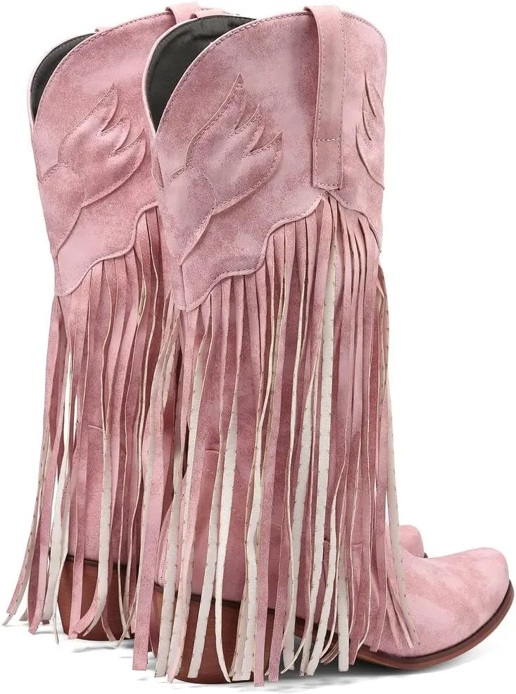 KISSASA Fringe Denim Cowgirl Boots Pointed Toe Mid Claf Cowboy Boots Chunky Stacked Heel Western Boots