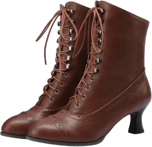 KISSASA Womens Vintage Victorian Ankle Boots Low Kitten Heel Lace Up Booties