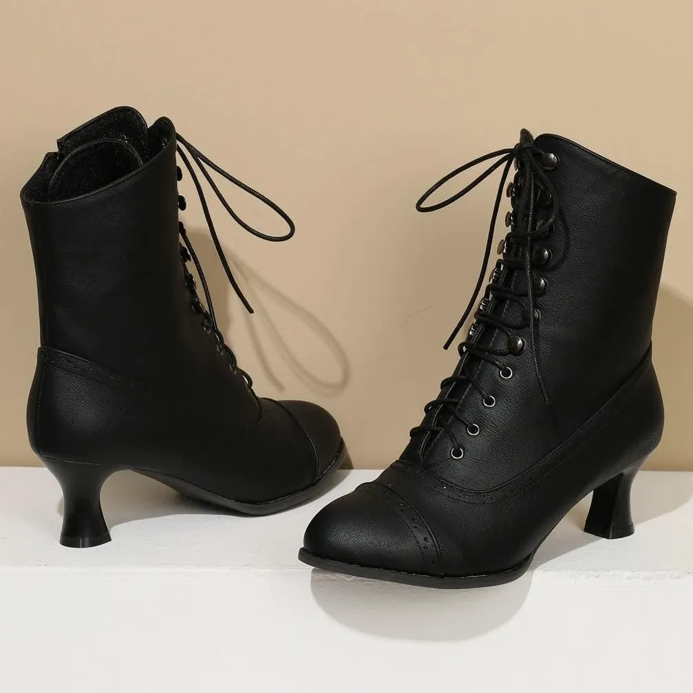 KISSASA Womens Vintage Victorian Ankle Boots Low Kitten Heel Lace Up Booties