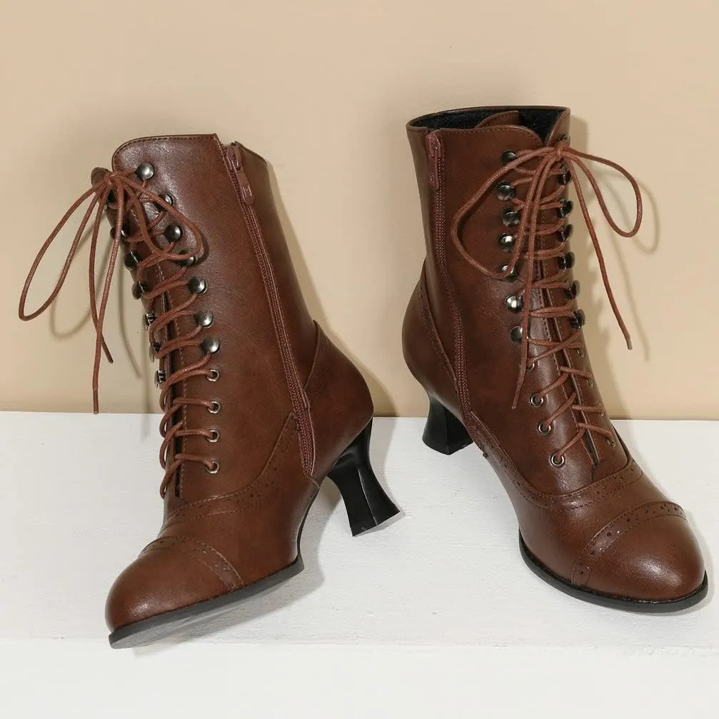 KISSASA Womens Vintage Victorian Ankle Boots Low Kitten Heel Lace Up Booties