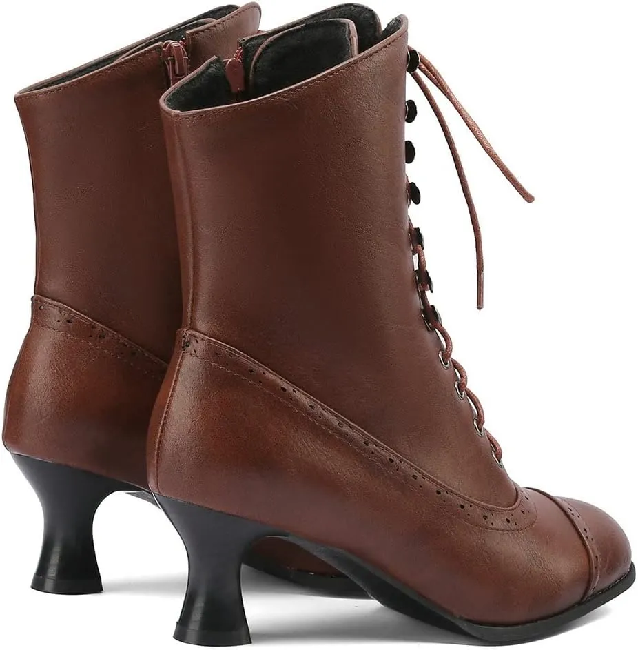 KISSASA Womens Vintage Victorian Ankle Boots Low Kitten Heel Lace Up Booties