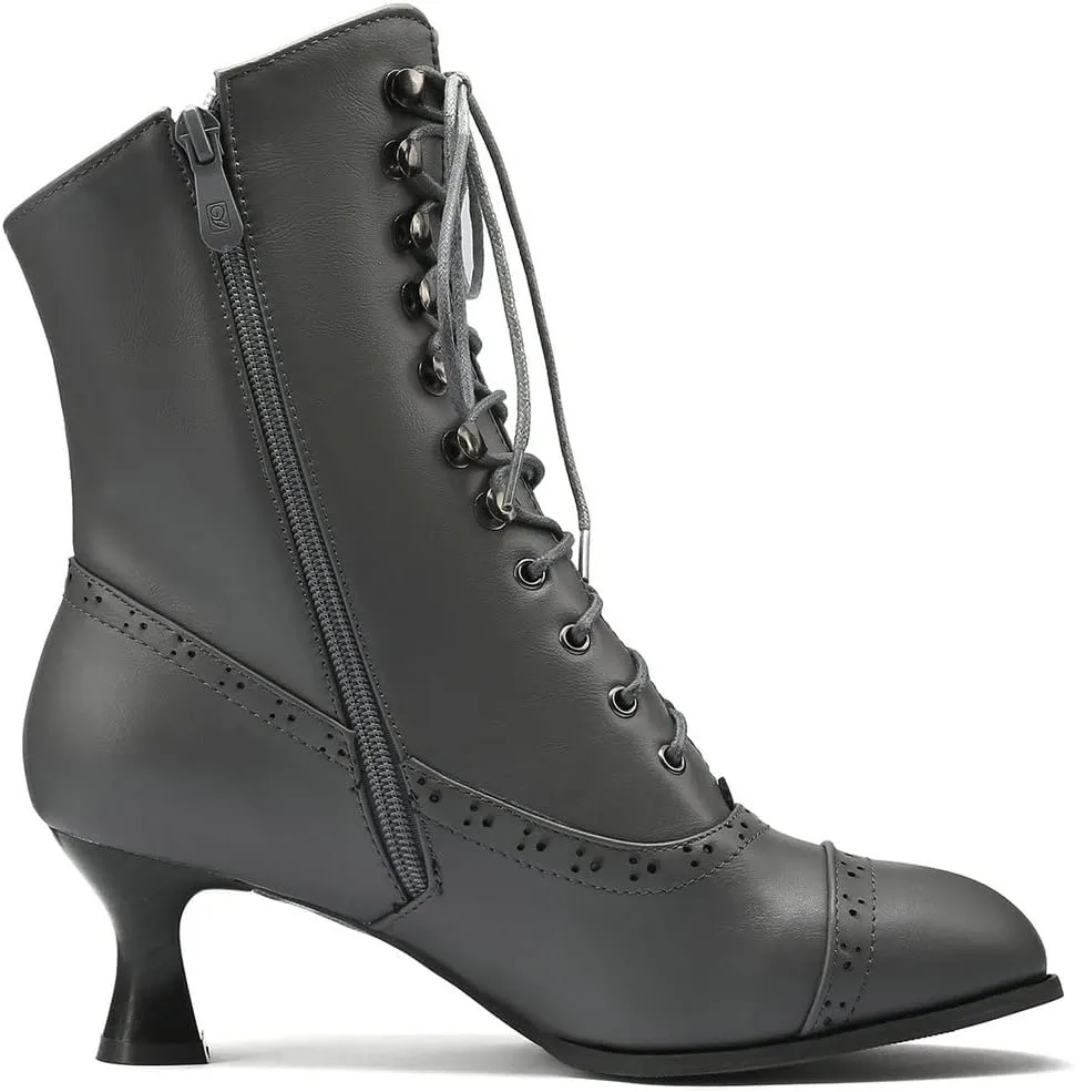 KISSASA Womens Vintage Victorian Ankle Boots Low Kitten Heel Lace Up Booties