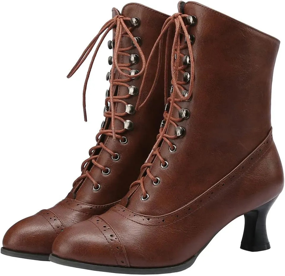 KISSASA Womens Vintage Victorian Ankle Boots Low Kitten Heel Lace Up Booties