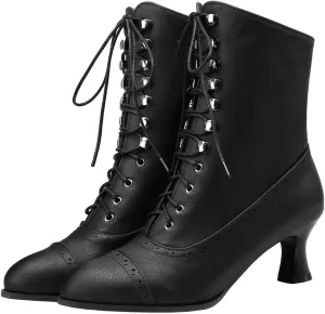 KISSASA Womens Vintage Victorian Ankle Boots Low Kitten Heel Lace Up Booties