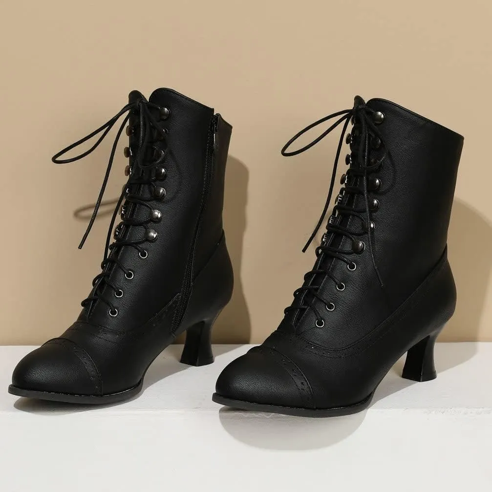 KISSASA Womens Vintage Victorian Ankle Boots Low Kitten Heel Lace Up Booties