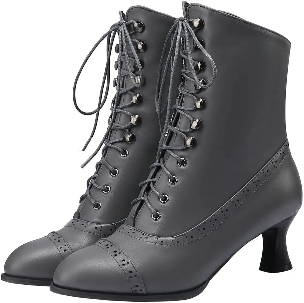 KISSASA Womens Vintage Victorian Ankle Boots Low Kitten Heel Lace Up Booties