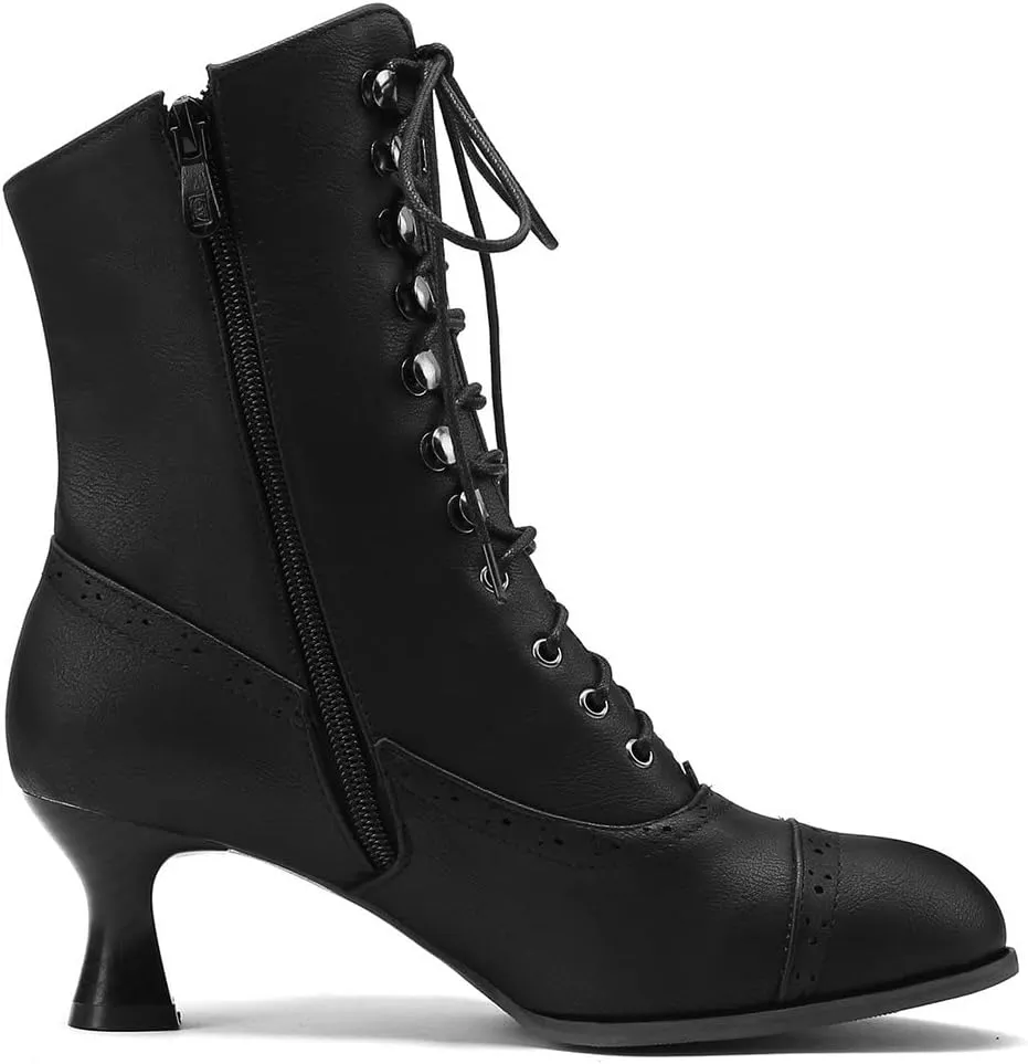 KISSASA Womens Vintage Victorian Ankle Boots Low Kitten Heel Lace Up Booties