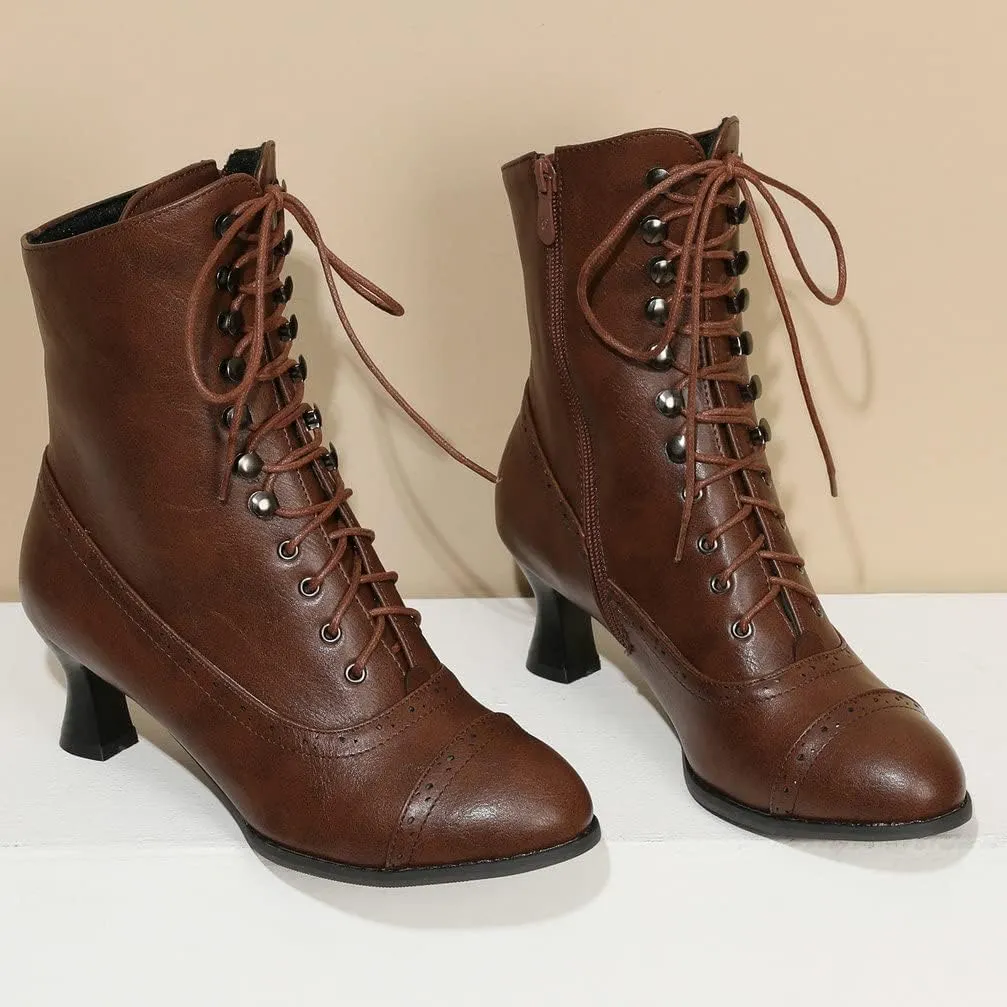 KISSASA Womens Vintage Victorian Ankle Boots Low Kitten Heel Lace Up Booties