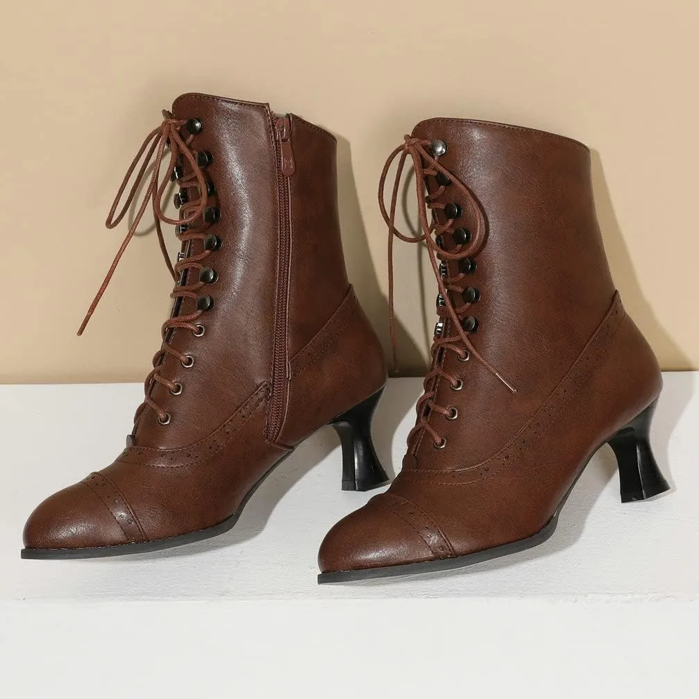 KISSASA Womens Vintage Victorian Ankle Boots Low Kitten Heel Lace Up Booties