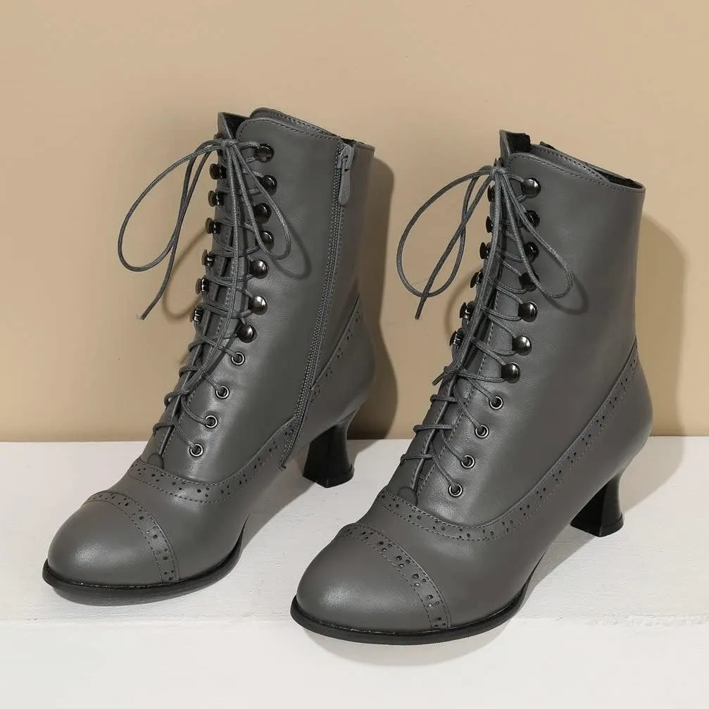 KISSASA Womens Vintage Victorian Ankle Boots Low Kitten Heel Lace Up Booties