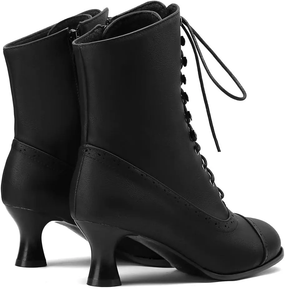 KISSASA Womens Vintage Victorian Ankle Boots Low Kitten Heel Lace Up Booties
