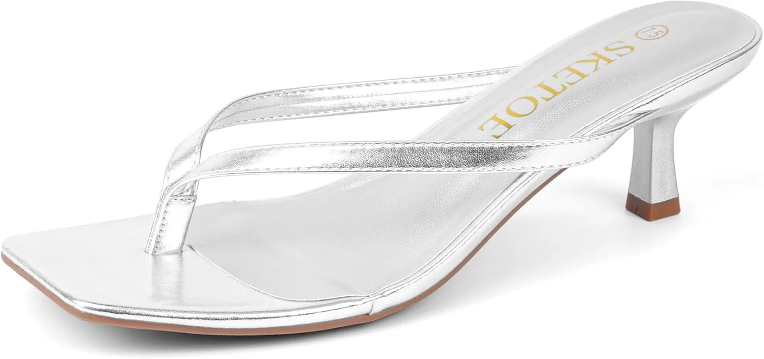 Kitten Heels for Women Square Toe Sandals Flip Flop Heels Thong Sandals Comfortable Summer 2 Inch Heels Sandals