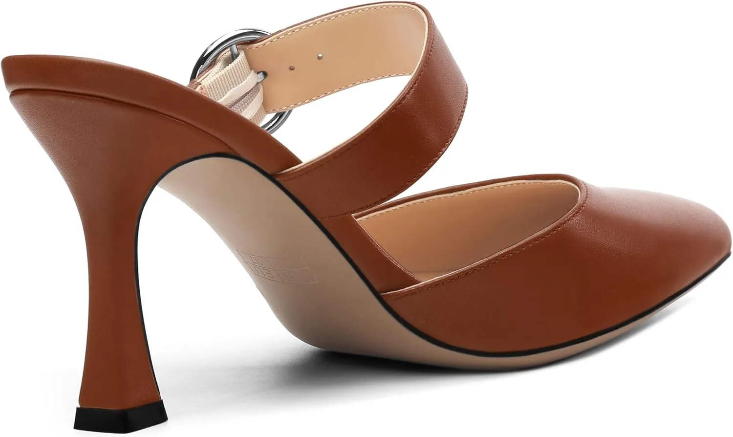 Kitten Heels Mules for Women - Pointed Toe Single-Strap with Round Buckle Slip-on Sandals Womens Party Wedding Pumps Stiletto