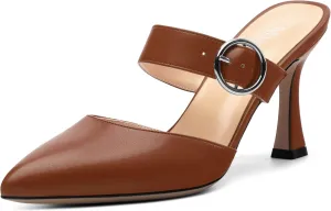 Kitten Heels Mules for Women - Pointed Toe Single-Strap with Round Buckle Slip-on Sandals Womens Party Wedding Pumps Stiletto