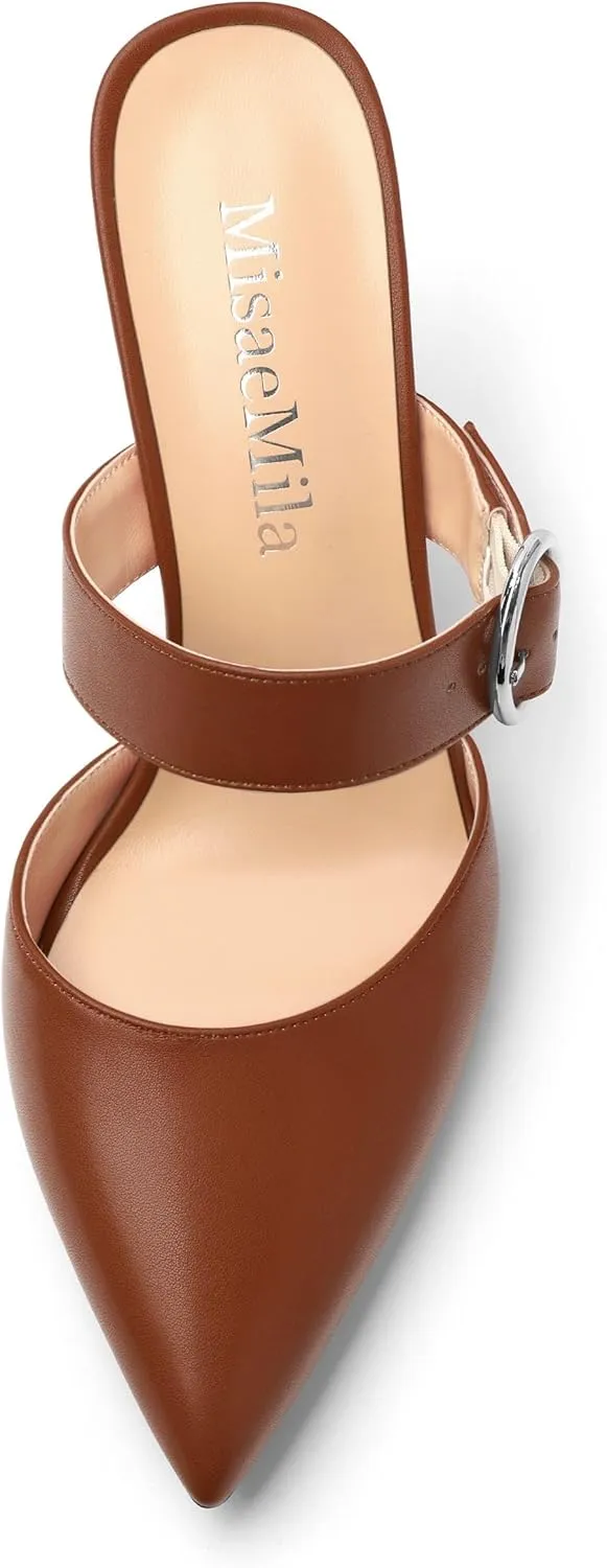 Kitten Heels Mules for Women - Pointed Toe Single-Strap with Round Buckle Slip-on Sandals Womens Party Wedding Pumps Stiletto