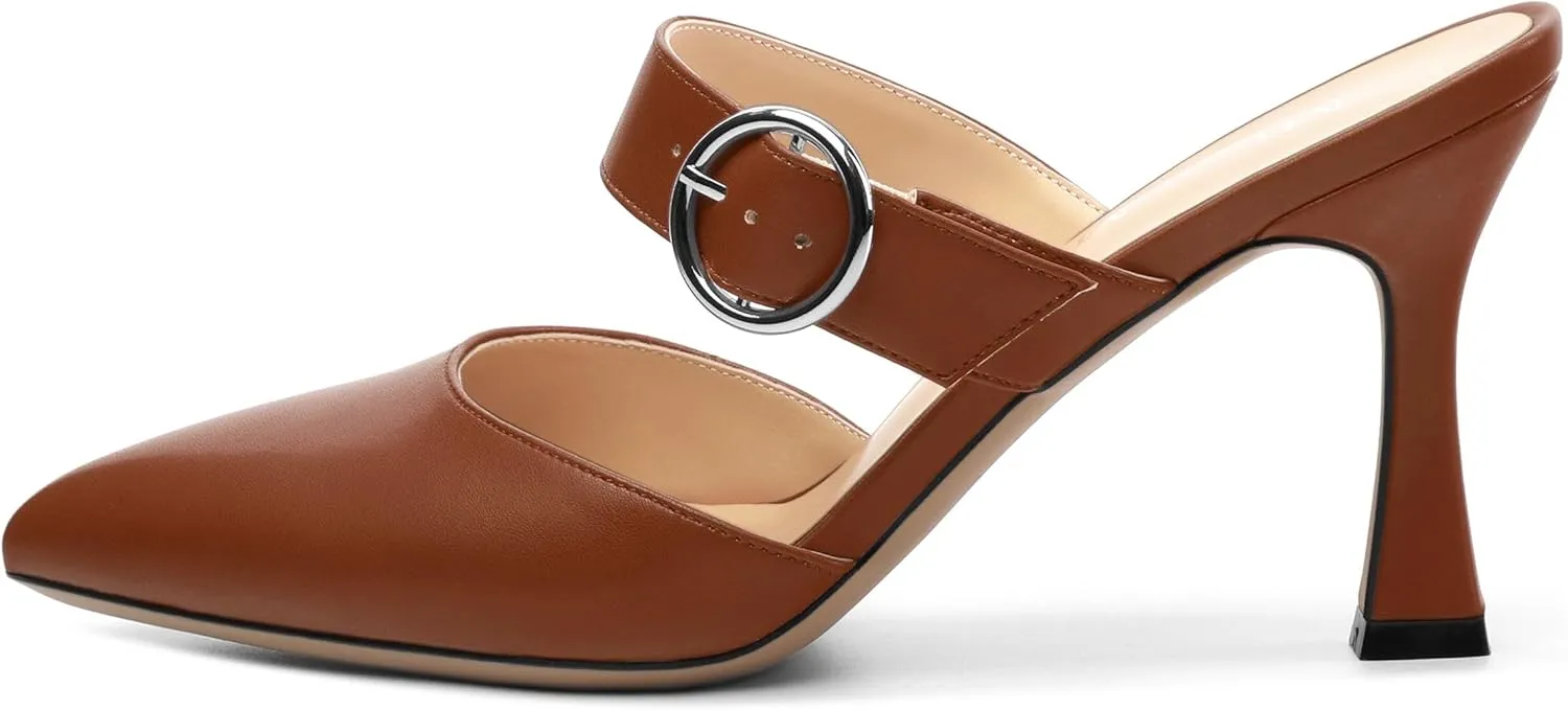 Kitten Heels Mules for Women - Pointed Toe Single-Strap with Round Buckle Slip-on Sandals Womens Party Wedding Pumps Stiletto