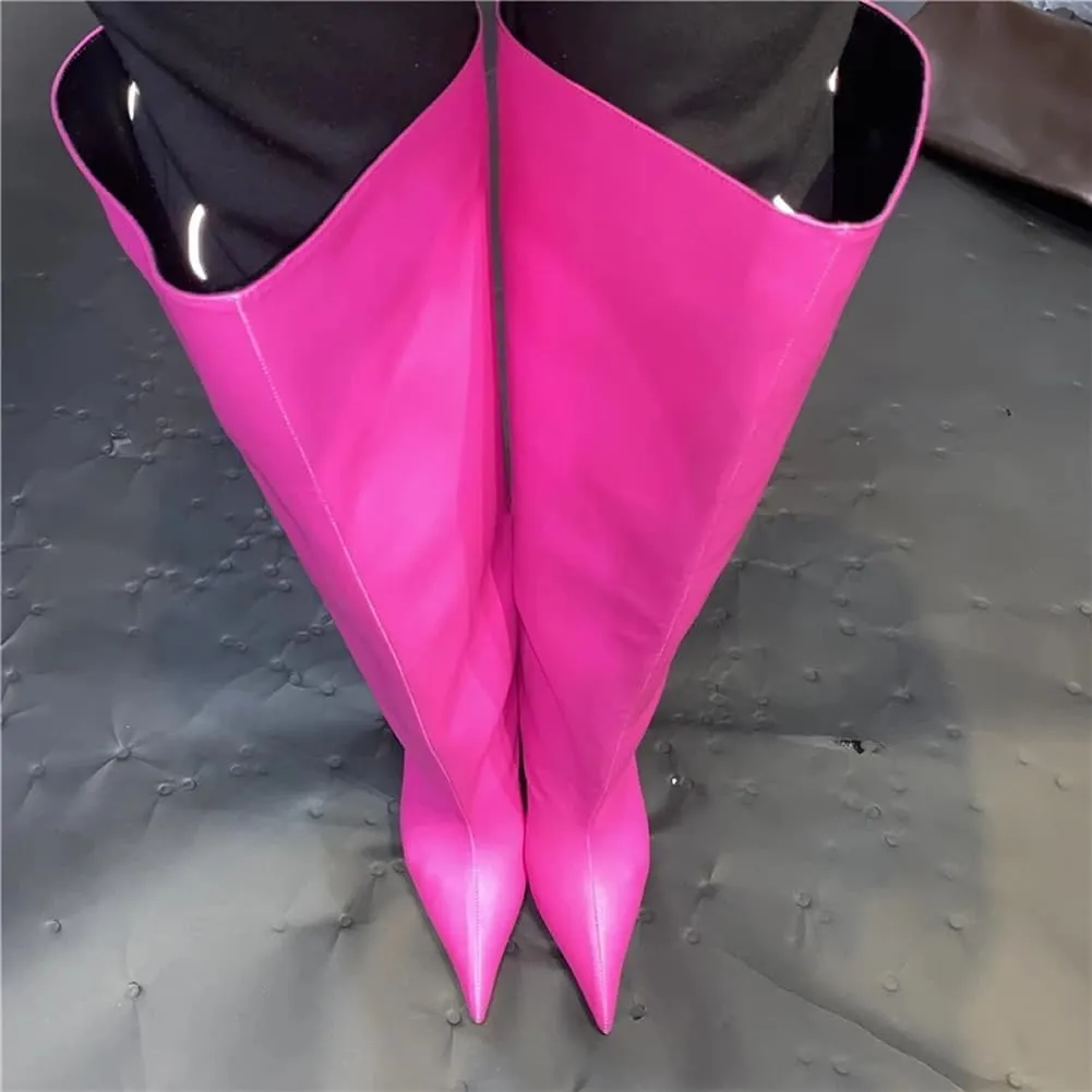 Kluolandi Women's Wide Calf Knee High Boots Stiletto Cone Heel Boots Pointed Toe Pull On Black Boot Heels for Women