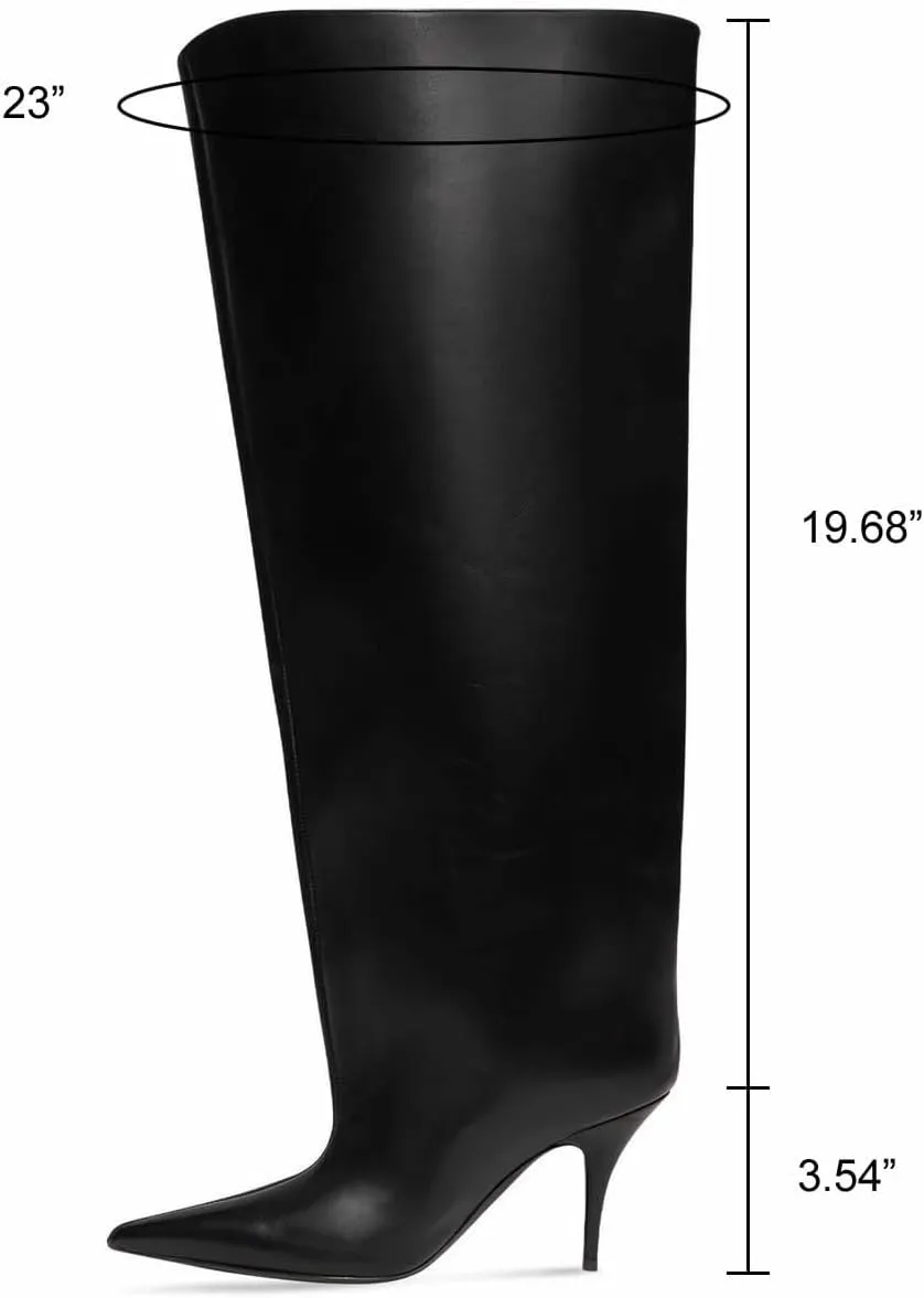 Kluolandi Women's Wide Calf Knee High Boots Stiletto Cone Heel Boots Pointed Toe Pull On Black Boot Heels for Women