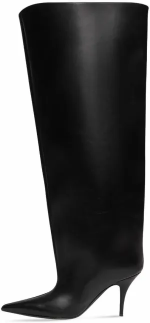 Kluolandi Women's Wide Calf Knee High Boots Stiletto Cone Heel Boots Pointed Toe Pull On Black Boot Heels for Women