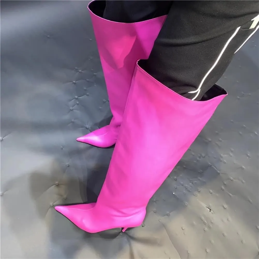 Kluolandi Women's Wide Calf Knee High Boots Stiletto Cone Heel Boots Pointed Toe Pull On Black Boot Heels for Women
