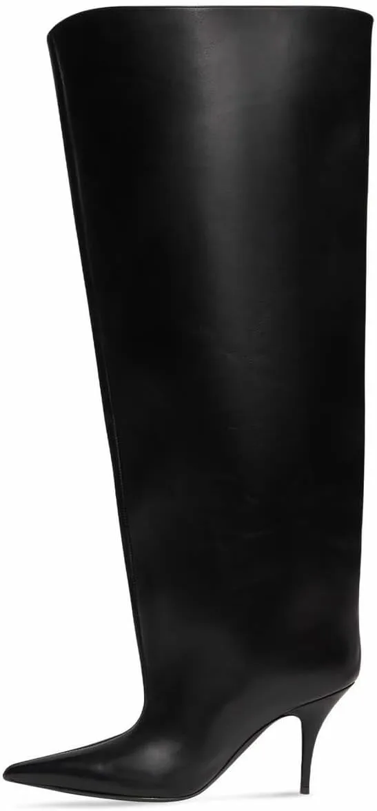 Kluolandi Women's Wide Calf Knee High Boots Stiletto Cone Heel Boots Pointed Toe Pull On Black Boot Heels for Women