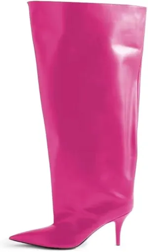 Kluolandi Women's Wide Calf Knee High Boots Stiletto Cone Heel Boots Pointed Toe Pull On Black Boot Heels for Women