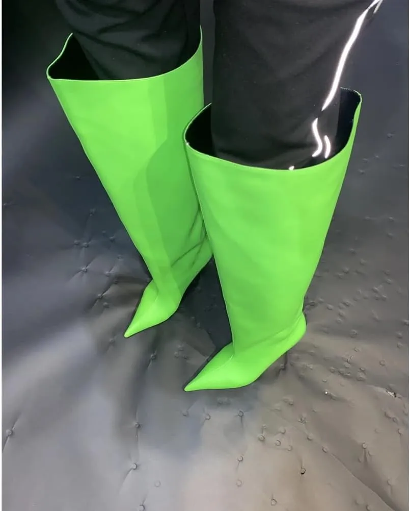 Kluolandi Women's Wide Calf Knee High Boots Stiletto Cone Heel Boots Pointed Toe Pull On Black Boot Heels for Women