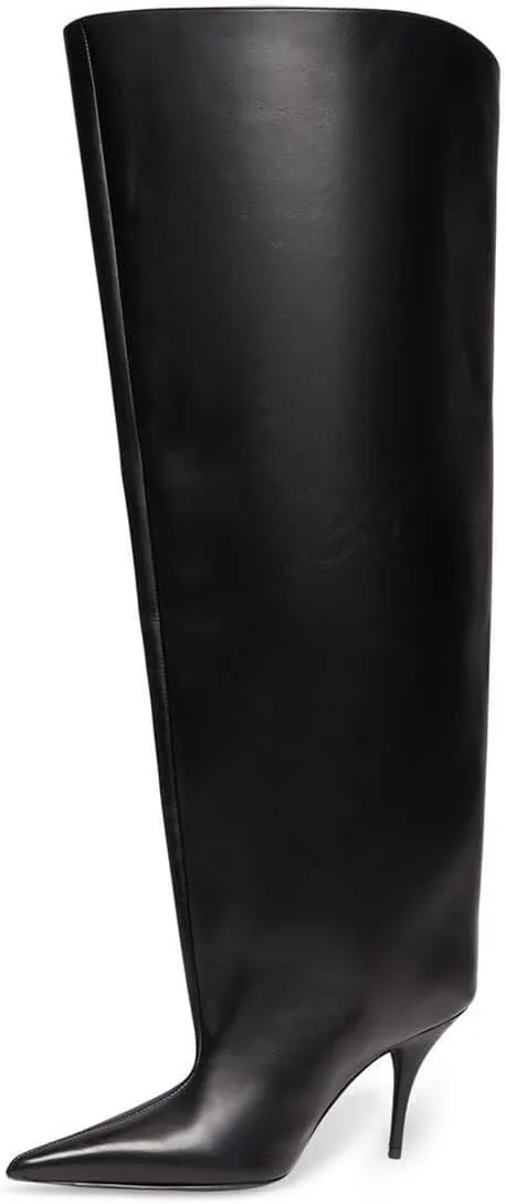 Kluolandi Women's Wide Calf Knee High Boots Stiletto Cone Heel Boots Pointed Toe Pull On Black Boot Heels for Women