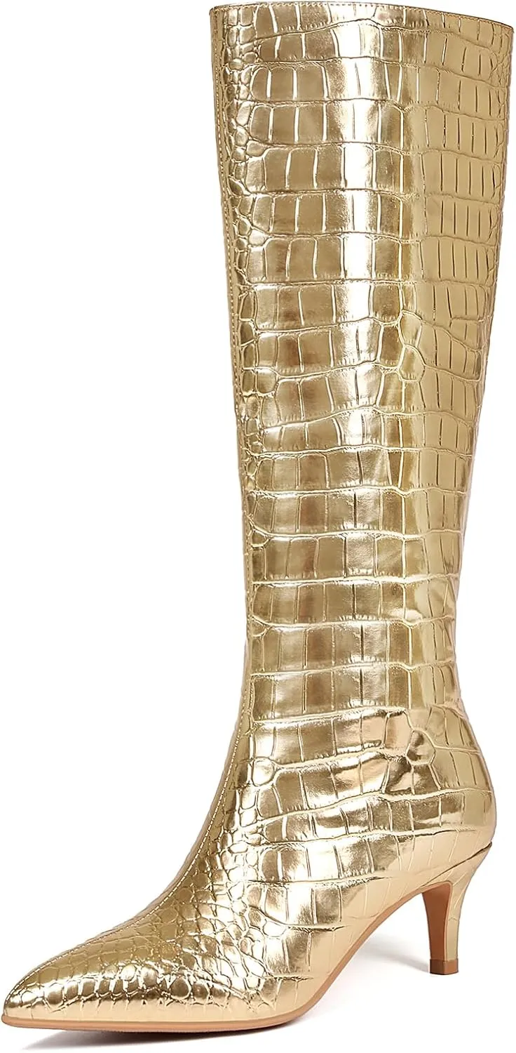 Knee High Boots Women Stiletto Heel Pointed Toe Tall Boot for Women Faux Crocodile Boots Side Zipper Fashion Long Boots