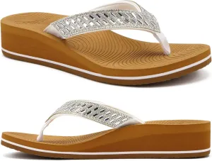 KuaiLu Womens Dressy Rhinestone Platform Flip Flops Trendy Comfortable Arch Support Cushion Walking Thong Sandals Yoga Foam Low Wedge Slippers Summer Pool Beach